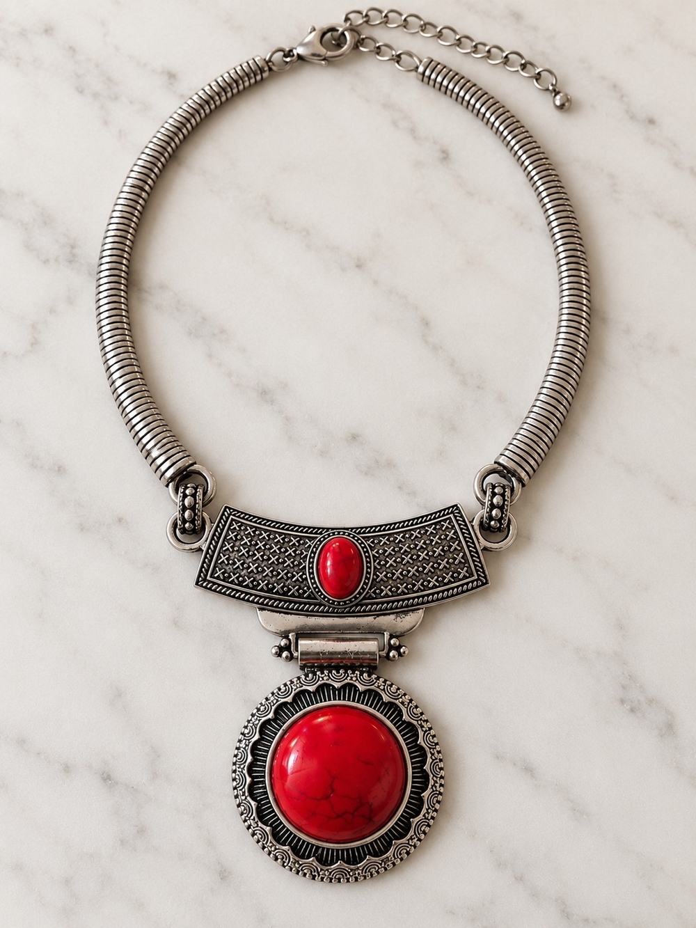 Silver-Tone Statement Necklace with Red Stone Pendant
